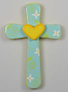 Crucifix Bois Bleu Coeur Jaune