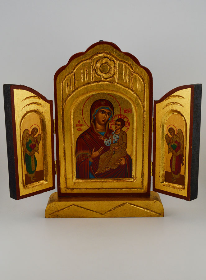 Icône Triptyque Vierge Marie Porte du Ciel sur Feuille d'Or - 26 cm (pic 1)