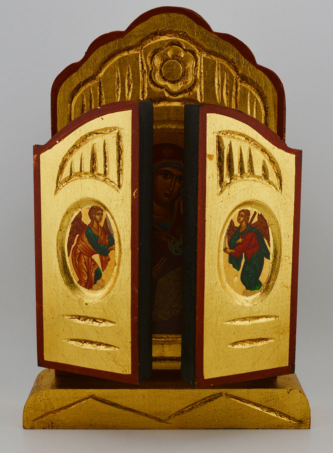 Icône Triptyque Vierge Marie Porte du Ciel sur Feuille d'Or - 26 cm (pic 2)