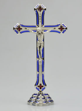 Crucifix Vitrail en Métal Argenté sur Socle - 15 cm (pic 1)