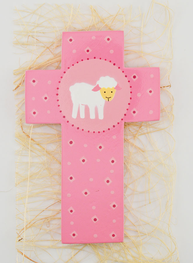 Croix Enfant en Bois Petite Brebis Rose - 12 cm (pic 1)