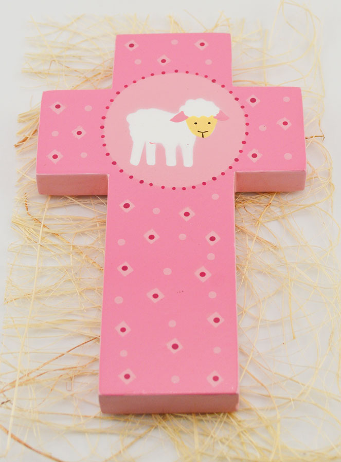 Croix Enfant en Bois Petite Brebis Rose - 12 cm (pic 2)