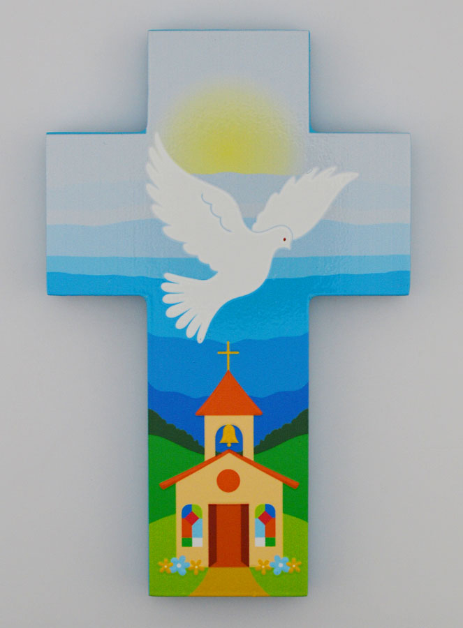 Croix Enfant en Bois Colombe de l'Esprit Saint et Eglise - Bleue (pic 1)