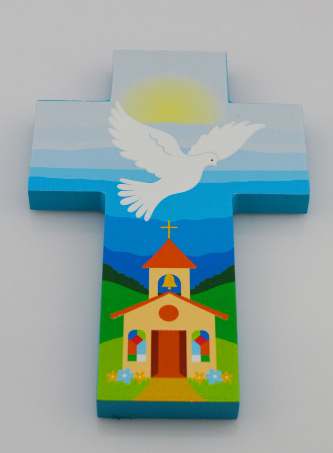 Croix Enfant en Bois Colombe de l'Esprit Saint et Eglise - Bleue (pic 2)