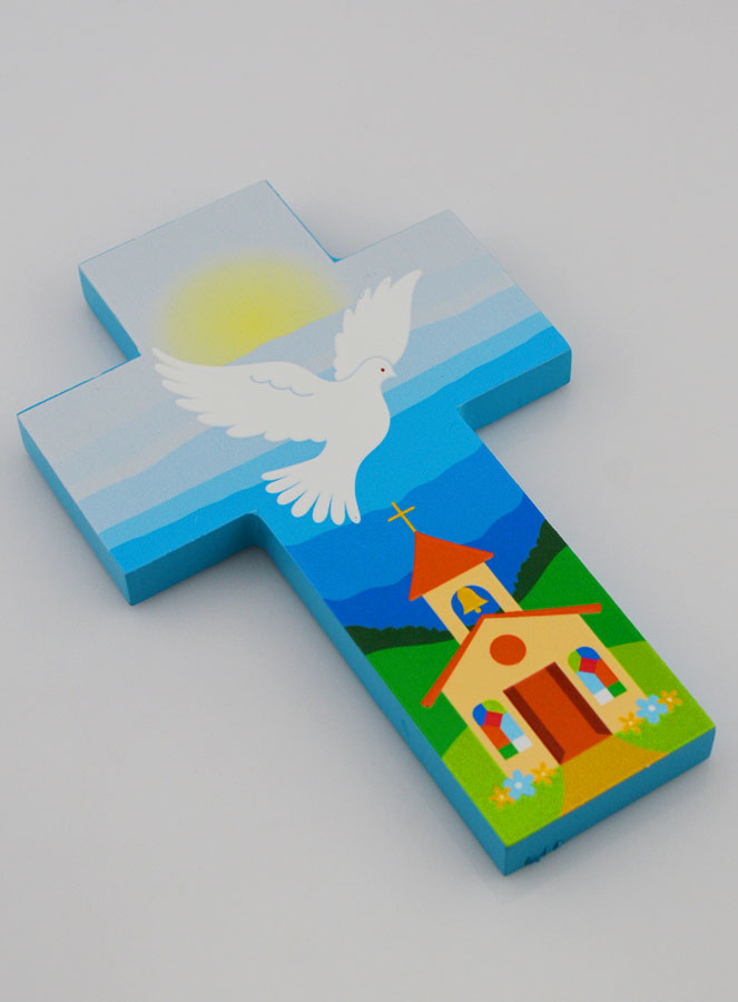 Croix Enfant en Bois Colombe de l'Esprit Saint et Eglise - Bleue (pic 3)