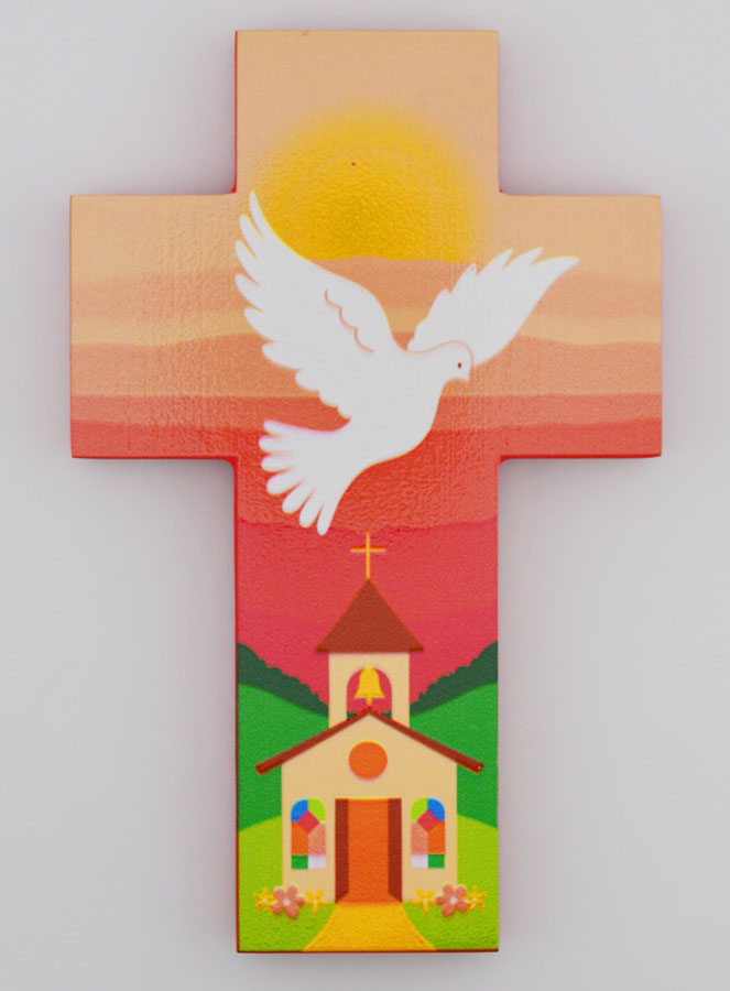 Croix Enfant en Bois Colombe de l'Esprit Saint et Eglise - Rose (pic 1)