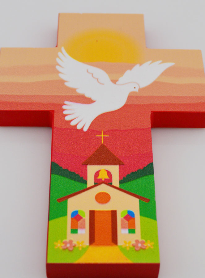 Croix Enfant en Bois Colombe de l'Esprit Saint et Eglise - Rose (pic 2)