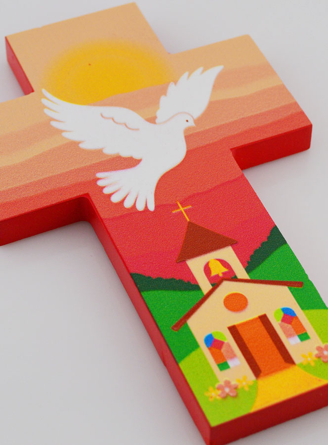 Croix Enfant en Bois Colombe de l'Esprit Saint et Eglise - Rose (pic 3)