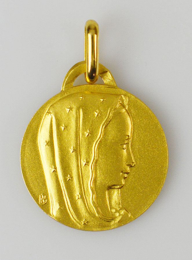 Médaille Profil Vierge Marie au Voile Etoilé en Plaqué Or - 18 mm (pic 1)