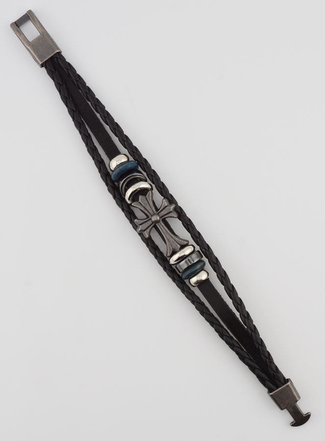 Bracelet Cuir Noir et Croix Métal Fashion (pic 2)