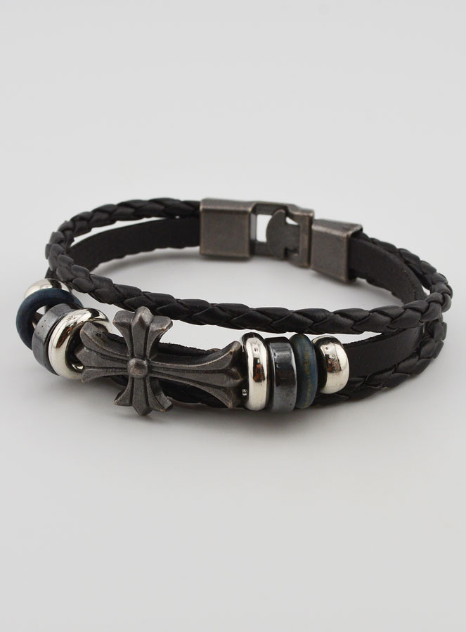 Bracelet Cuir Noir et Croix Métal Fashion (pic 3)