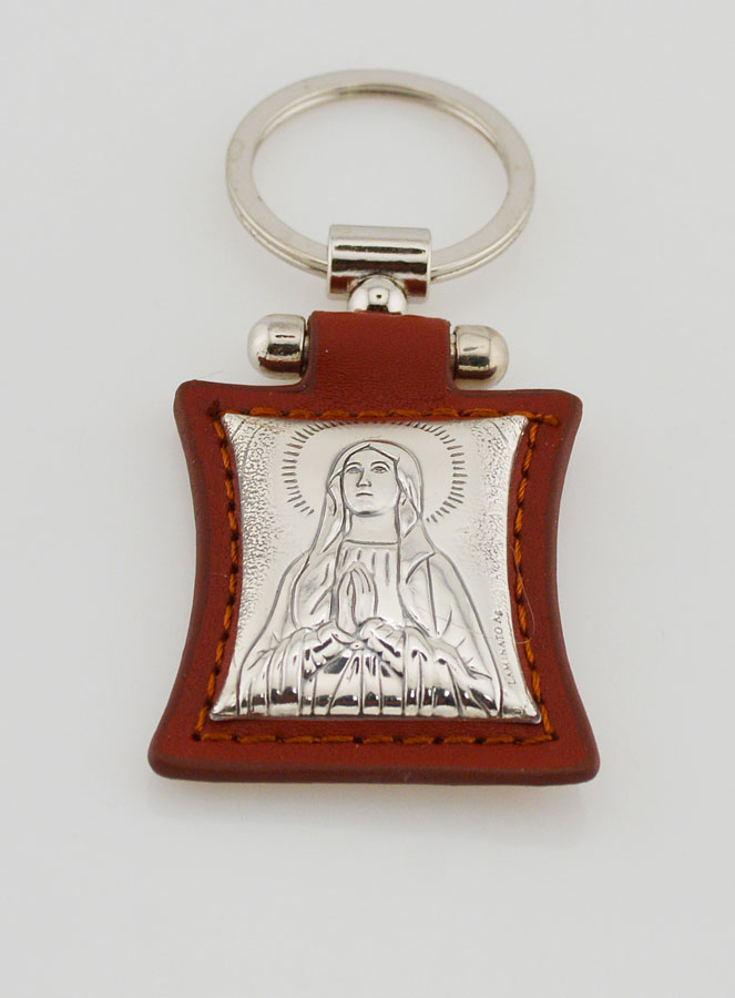 Porte-Clés de Notre Dame de Lourdes en Cuir Marron et Médaille Argent (pic 2)