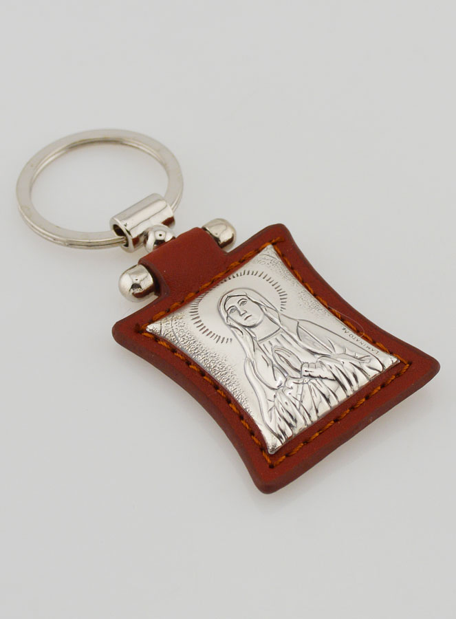 Porte-Clés de Notre Dame de Lourdes en Cuir Marron et Médaille Argent (pic 3)
