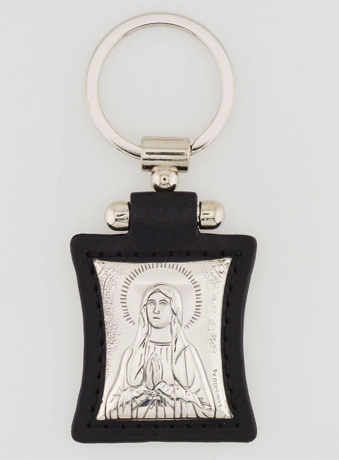 Porte-Clés de Notre Dame de Lourdes en Cuir Noir et Médaille Argent (pic 1)