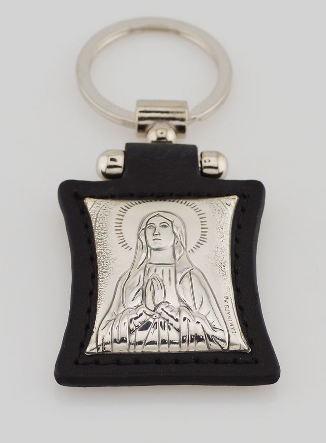 Porte-Clés de Notre Dame de Lourdes en Cuir Noir et Médaille Argent (pic 2)