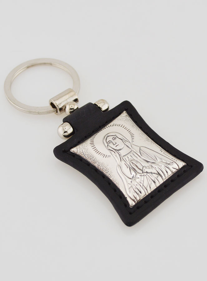 Porte-Clés de Notre Dame de Lourdes en Cuir Noir et Médaille Argent (pic 3)