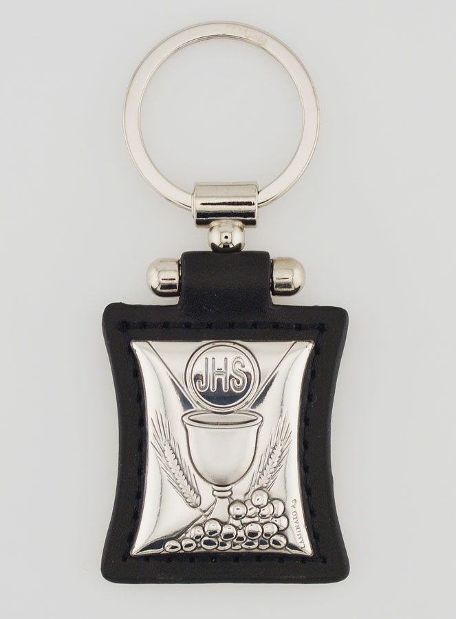 Porte-Clés Calice & Eucharistie en Cuir Noir et Médaille Argent (pic 1)