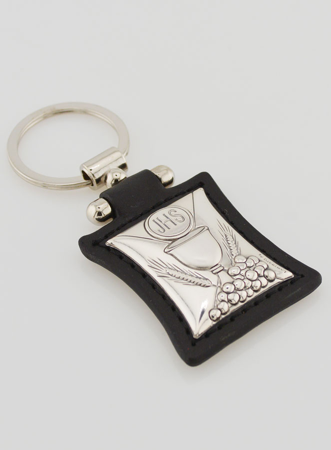 Porte-Clés Calice & Eucharistie en Cuir Noir et Médaille Argent (pic 3)