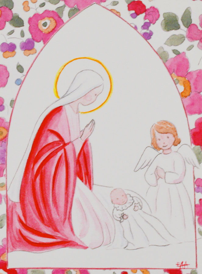 Carte de Baptême - Vierge Marie et Ange-Gardien - Fleurs Rose (pic 1)
