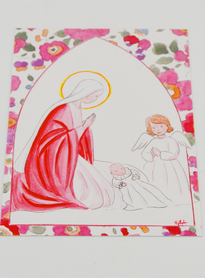 Carte de Baptême - Vierge Marie et Ange-Gardien - Fleurs Rose (pic 2)
