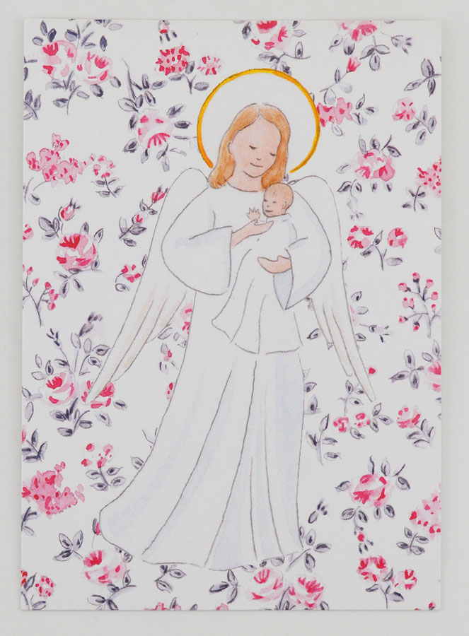Carte de Baptême - Ange-Gardien Protecteur - Fleurs Roses (pic 1)