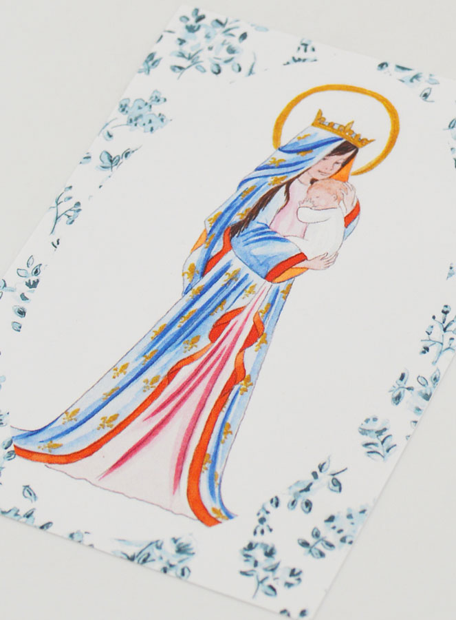 Carte de Baptême - Vierge Couronnée au Lys - Roses Bleu (pic 4)