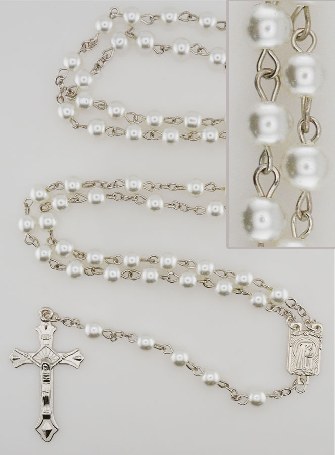 Chapelet en Perles Blanches - Médaille de Lourdes - 60 cm (pic 1)