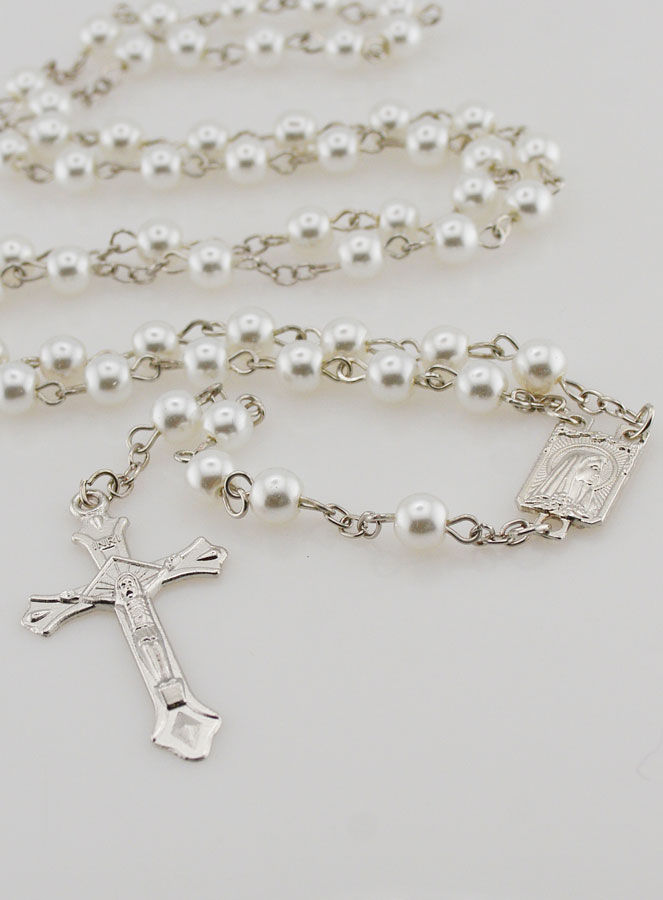 Chapelet en Perles Blanches - Médaille de Lourdes - 60 cm (pic 2)