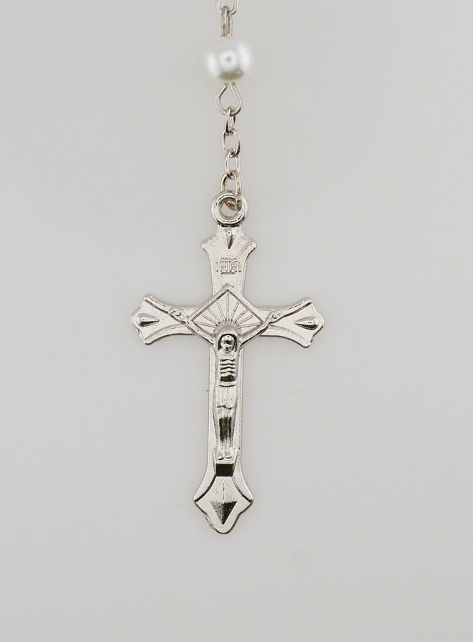 Chapelet en Perles Blanches - Médaille de Lourdes - 60 cm (pic 3)