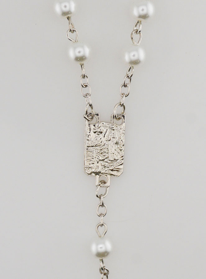 Chapelet en Perles Blanches - Médaille de Lourdes - 60 cm (pic 4)