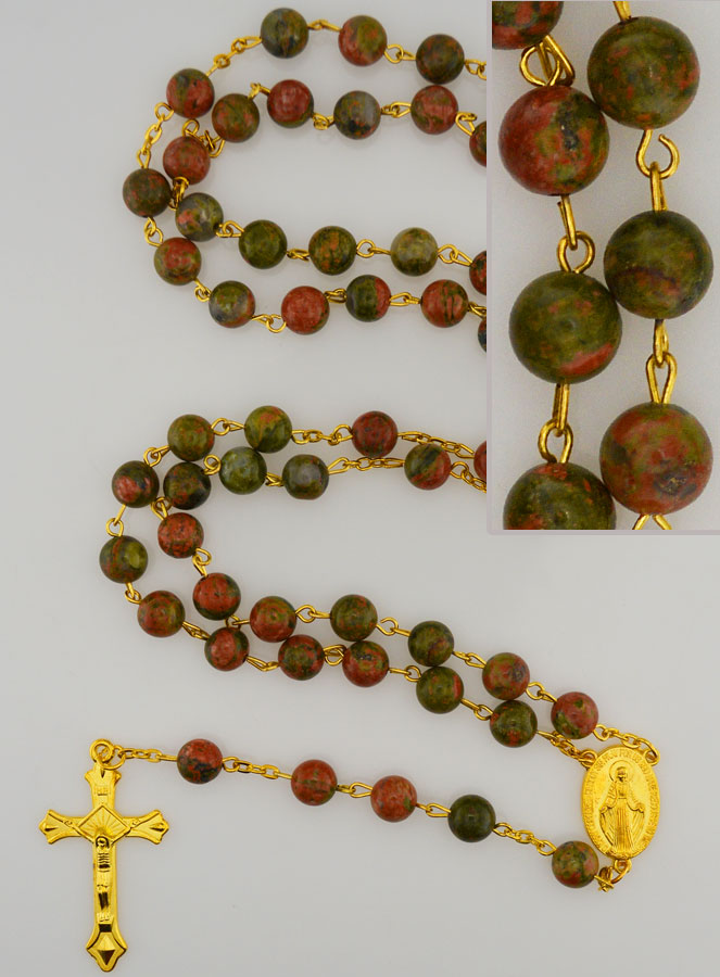 Chapelet Plaqué Or et Perles en Unakite Véritable (pic 1)