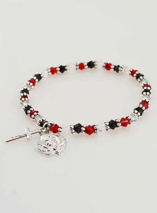 Bracelet Religieux Perles Rouges - Médaille et Croix de Lourdes (pic 3)