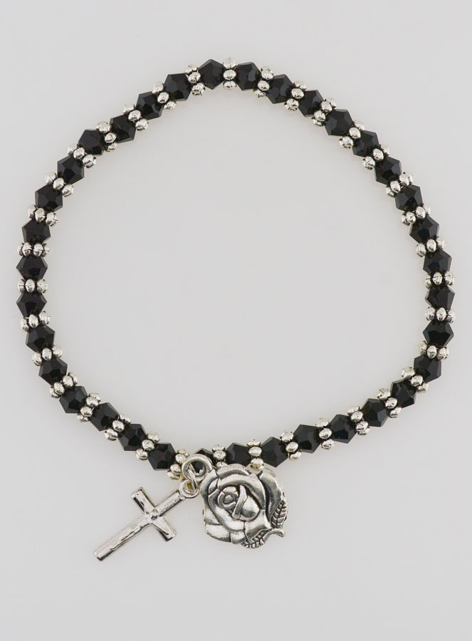 Bracelet Religieux Perles Noires - Médaille et Croix de Lourdes (pic 1)