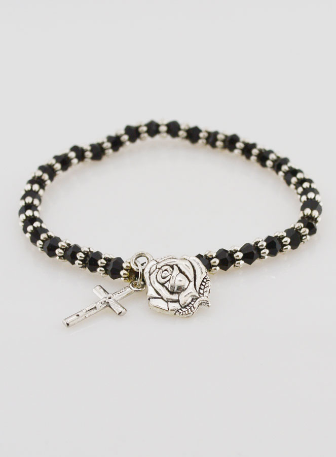 Bracelet Religieux Perles Noires - Médaille et Croix de Lourdes (pic 2)