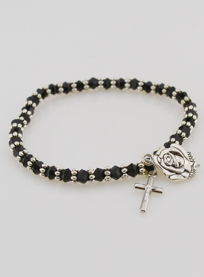 Bracelet Religieux Perles Noires - Médaille et Croix de Lourdes (pic 3)