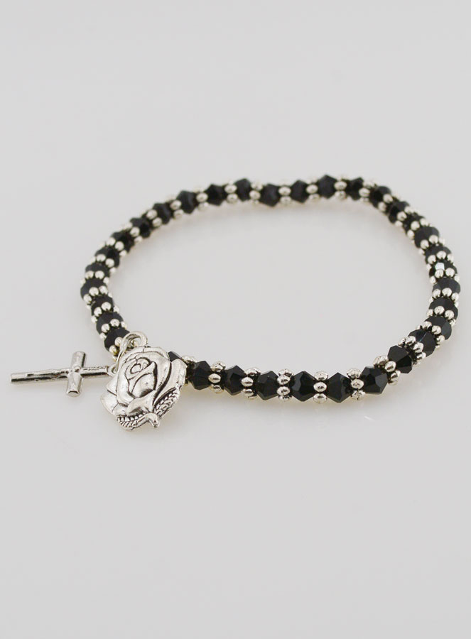 Bracelet Religieux Perles Noires - Médaille et Croix de Lourdes (pic 4)