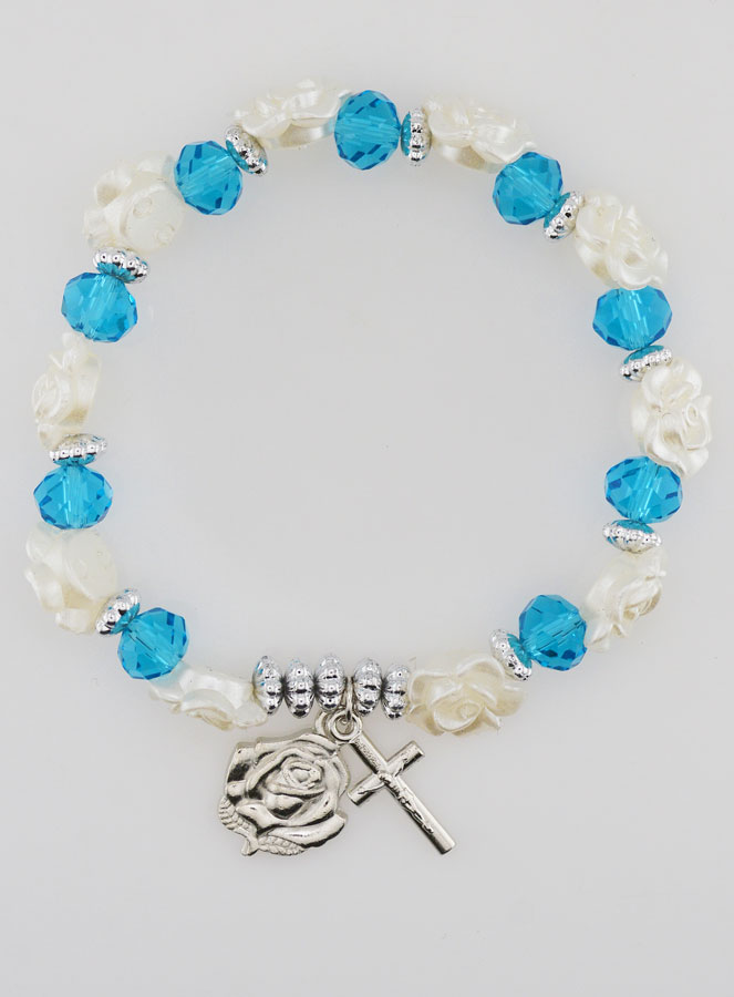 Bracelet Dizainier Perles Bleues et Fleurs Nacrées (pic 1)