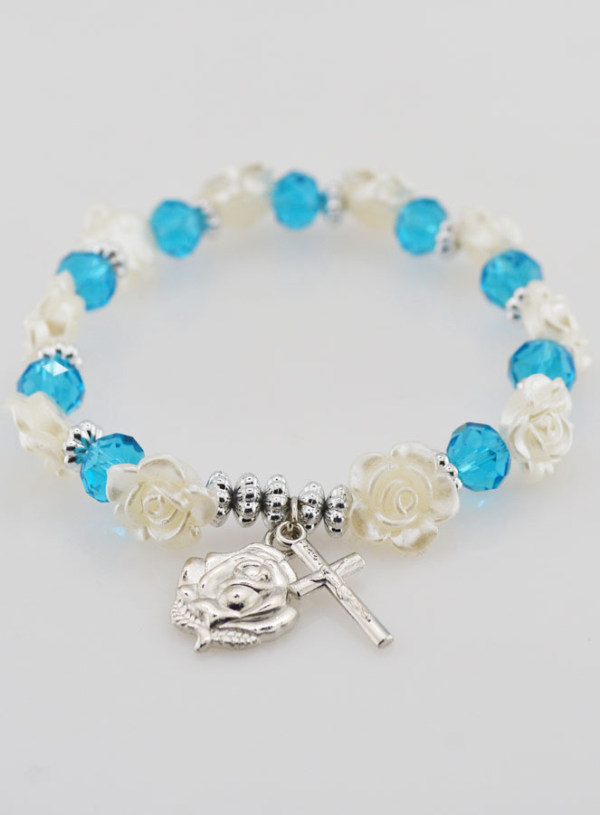 Bracelet Dizainier Perles Bleues et Fleurs Nacrées (pic 2)