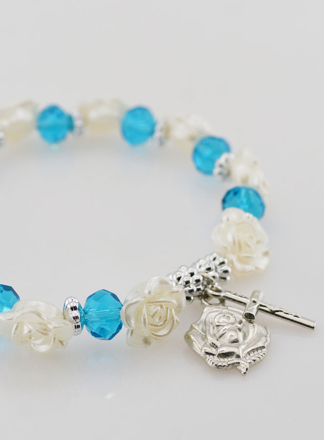 Bracelet Dizainier Perles Bleues et Fleurs Nacrées (pic 3)