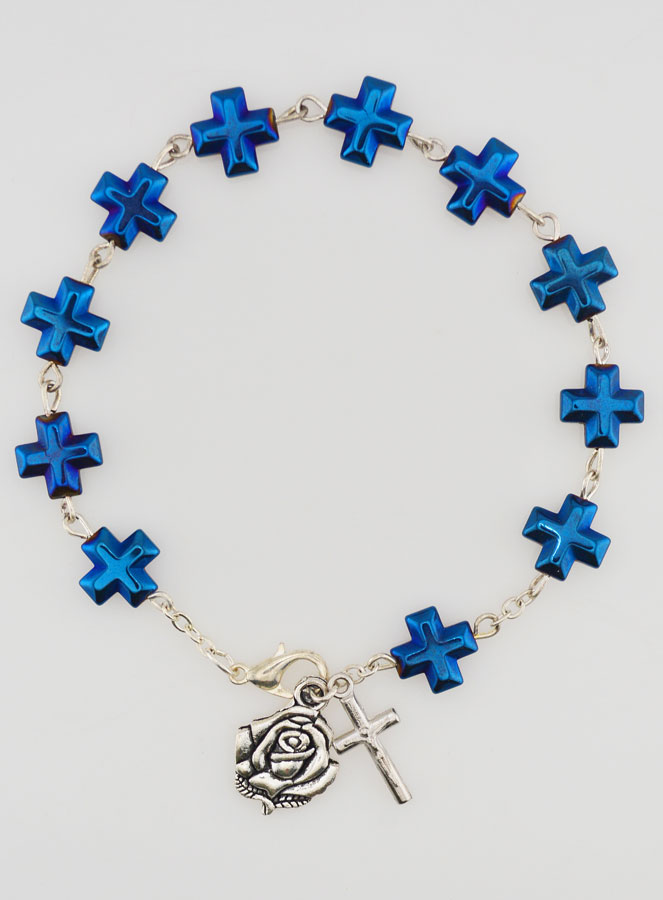 Bracelet Dizainier Perles et Croix en Nacre Bleue (pic 1)