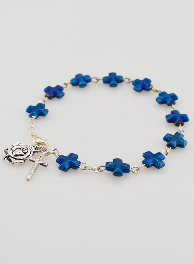 Bracelet Dizainier Perles et Croix en Nacre Bleue (pic 3)