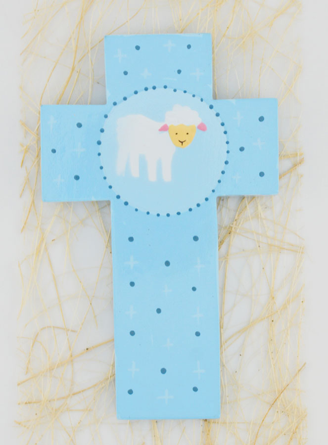 Croix en Bois Petite Brebis Bleu - Cadeau de Baptême (pic 1)