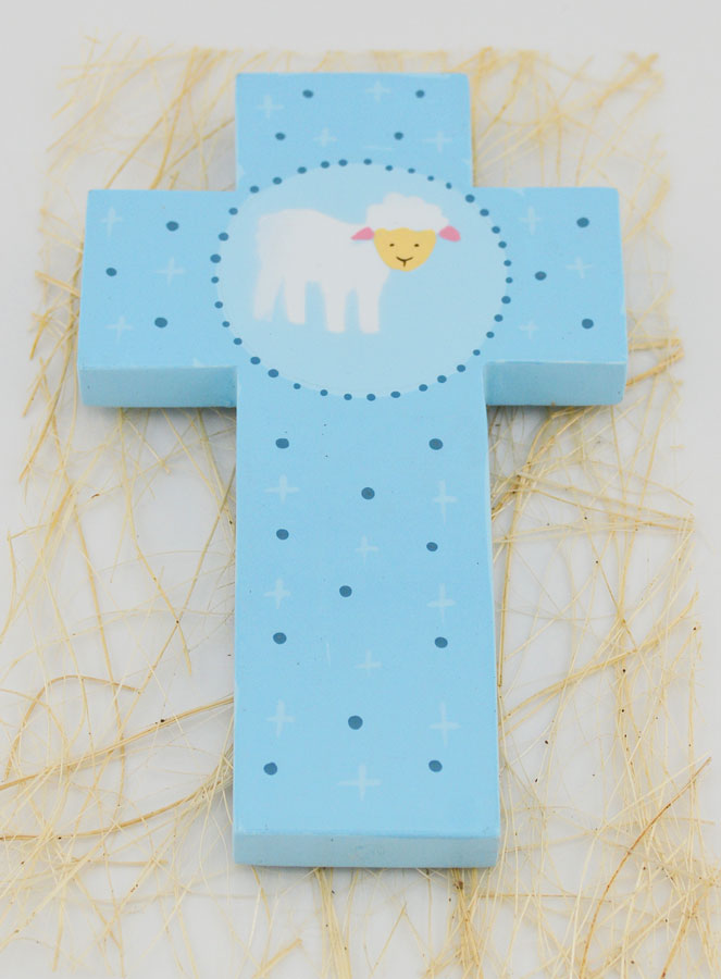 Croix en Bois Petite Brebis Bleu - Cadeau de Baptême (pic 2)