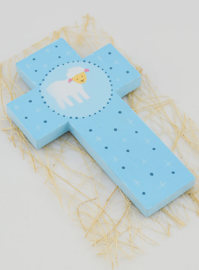 Croix en Bois Petite Brebis Bleu - Cadeau de Baptême (pic 3)