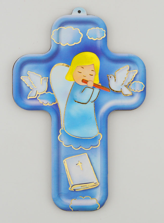 Croix en Bois Ange Musicien - Cadeau de Baptême (pic 1)