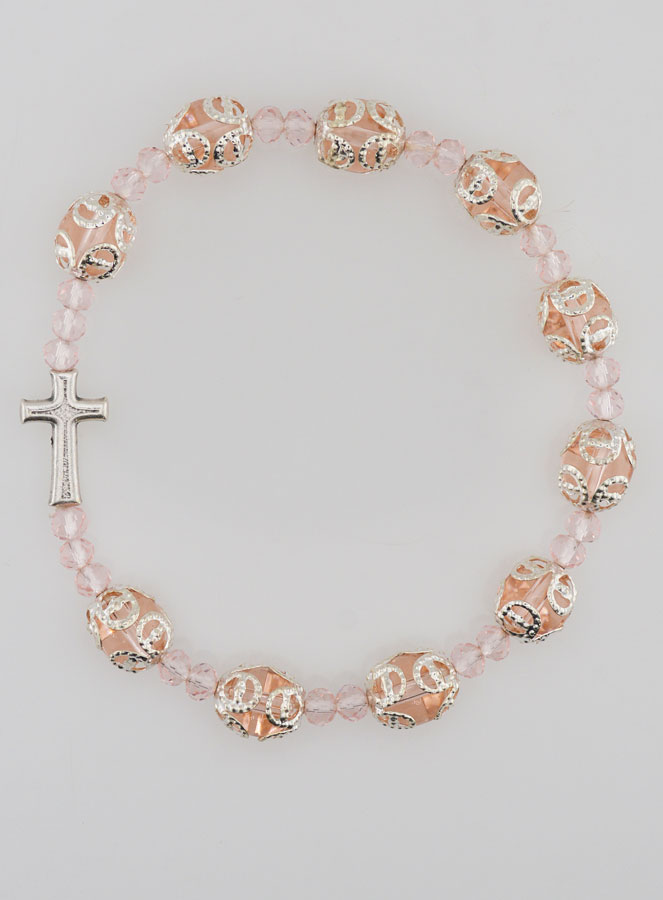 Bracelet Dizainier Perles Sculptés Rose sur élastique (pic 1)