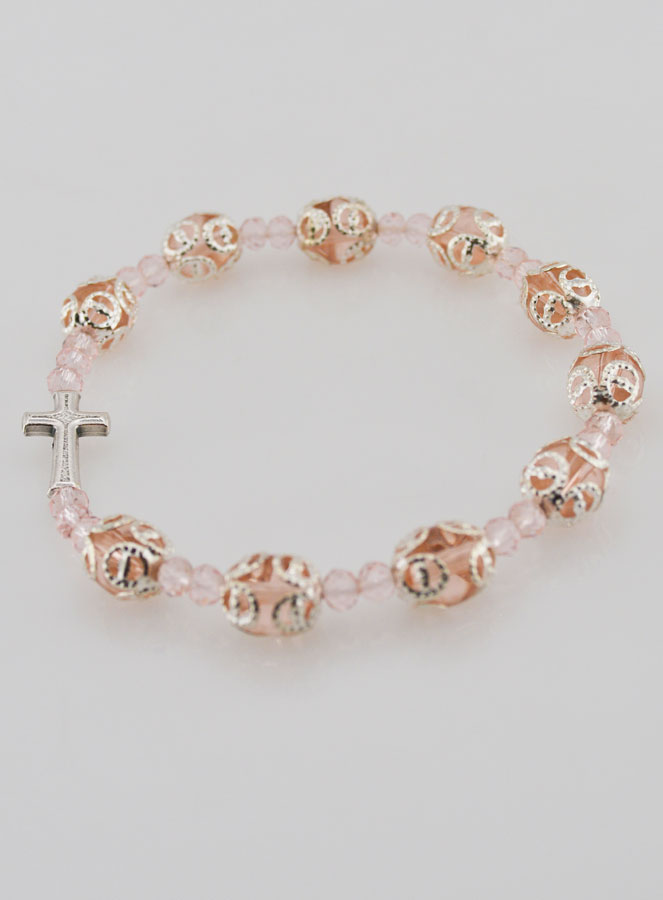 Bracelet Dizainier Perles Sculptés Rose sur élastique (pic 2)