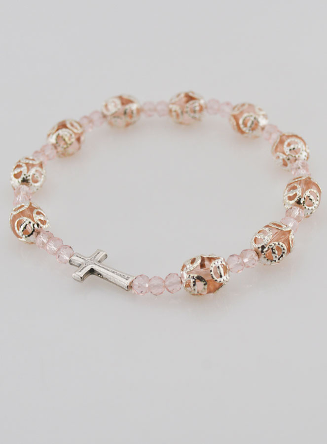 Bracelet Dizainier Perles Sculptés Rose sur élastique (pic 3)
