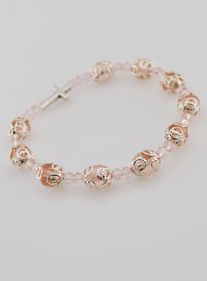 Bracelet Dizainier Perles Sculptés Rose sur élastique (pic 4)