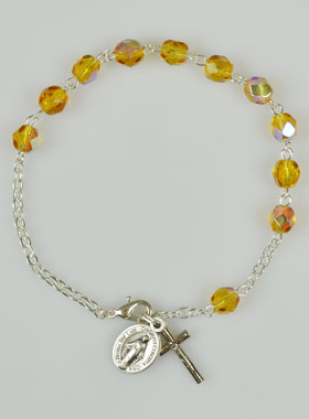 Bracelet Chapelet en Perles de Cristal Ambre - Médaille Miraculeuse (pic 1)